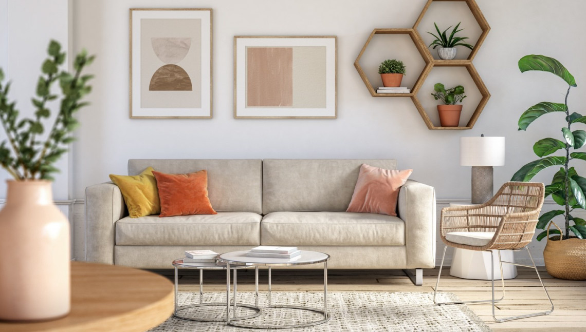 Cosy living room featuring a sofa, plants and wooden shelving